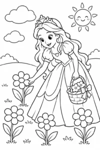 A princess picking flowers in a sunny meadow