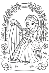 A princess playing a harp beside large garden flowers