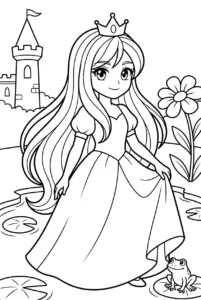 A princess kneeling beside a friendly frog near a pond