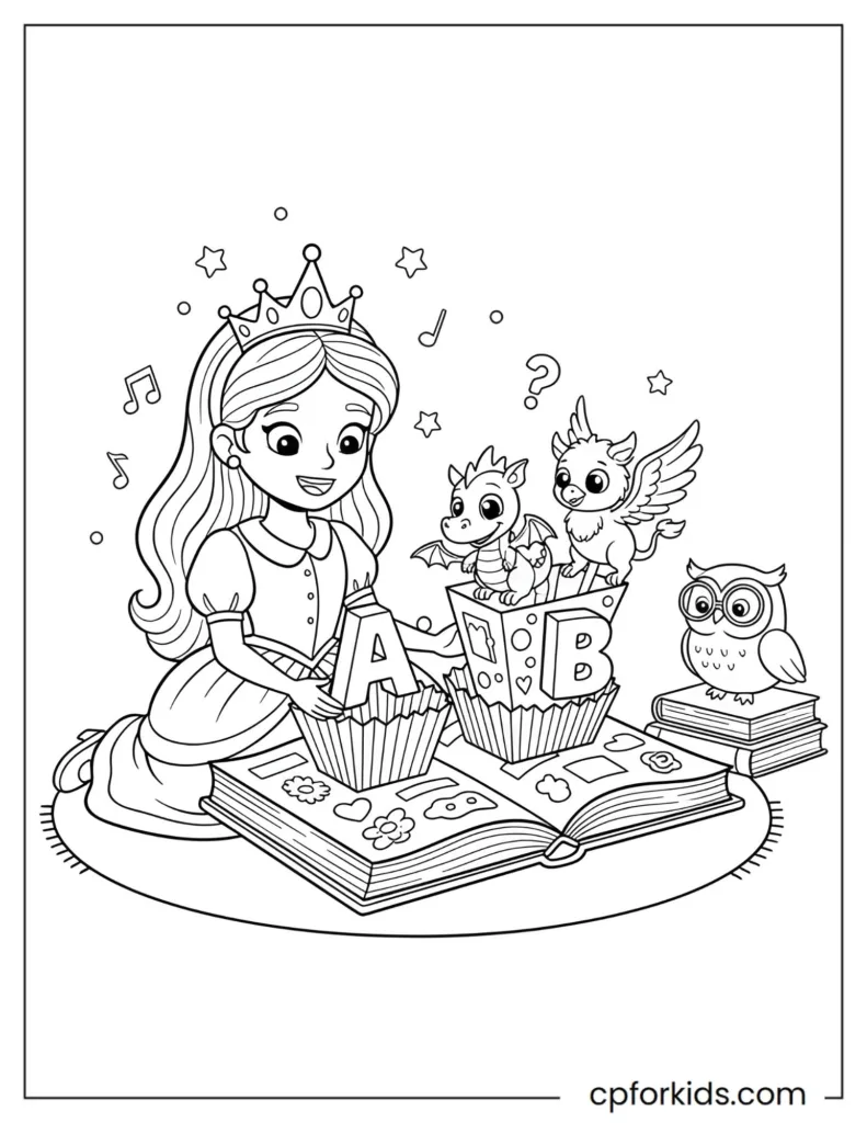 Coloring page of a princess reading a magical pop-up book with letters and creatures, fostering literacy, imagination, and interactive educational play for children.