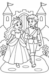 A princess and prince walking together outside a castle