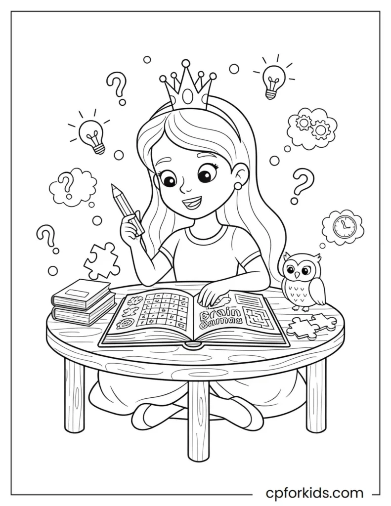 Coloring page of a princess engaging with a puzzle book, designed to develop problem-solving, logical thinking, and creativity.