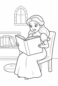 A princess reading a large book inside a castle library