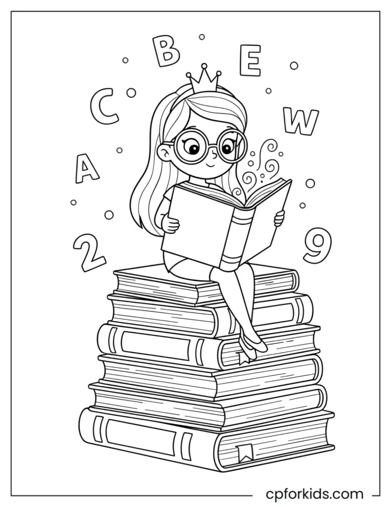 Printable coloring page of a smart princess wearing glasses and reading a giant book, promoting literacy, learning, and curiosity in children.