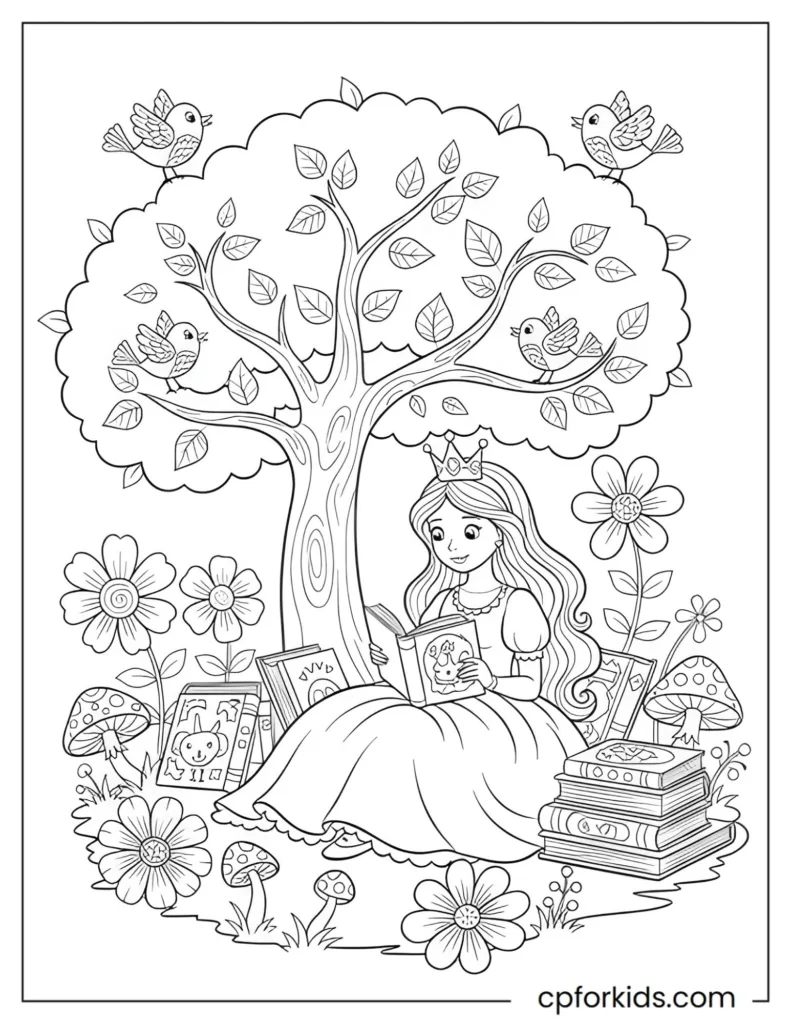 Outdoor coloring page of a princess reading under a tree surrounded by storybooks, birds, and flowers, designed to promote reading, nature exploration, and creativity in children.