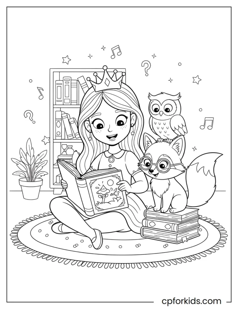 Coloring page of a princess and magical pet reading together, combining literacy, empathy, and imaginative learning for children.