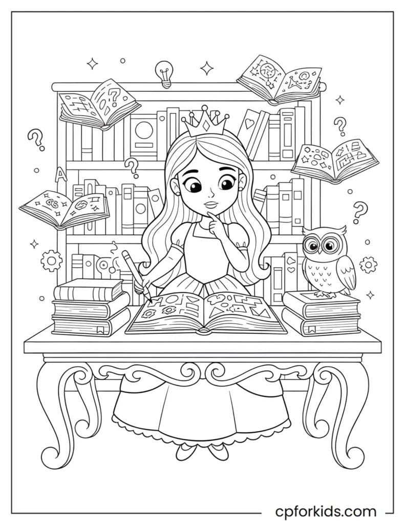 Coloring page of a princess solving riddles and puzzles in a magical library, promoting critical thinking, literacy, and problem-solving skills for children.