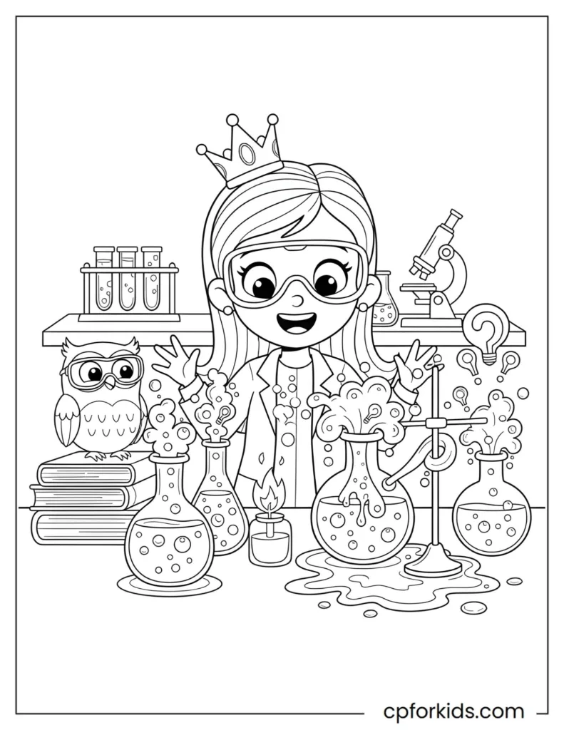 STEM princess coloring page with bubbling chemistry set for kids