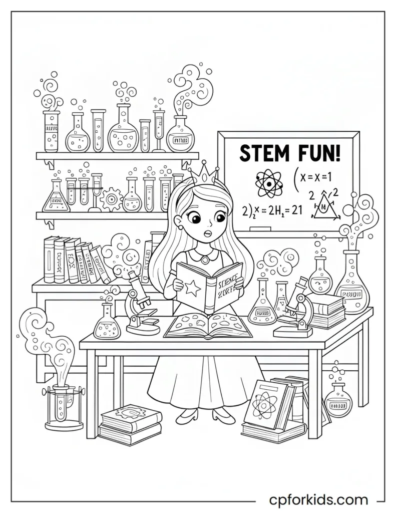 Princess in science lab with test tubes and colorful liquids coloring page