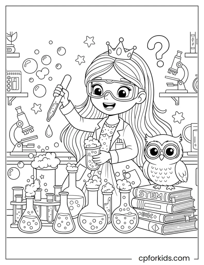 Princess performing science experiment with glowing beakers coloring sheet