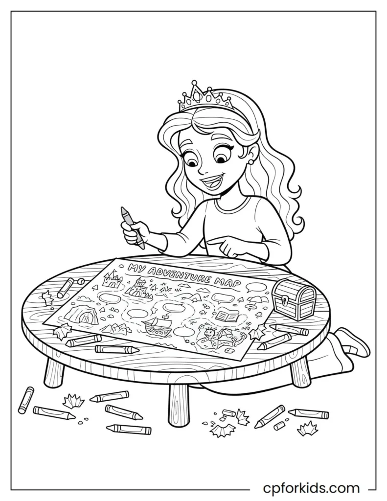 Coloring illustration of a princess creating a story map with crayons, fostering storytelling, creativity, and educational play for children.