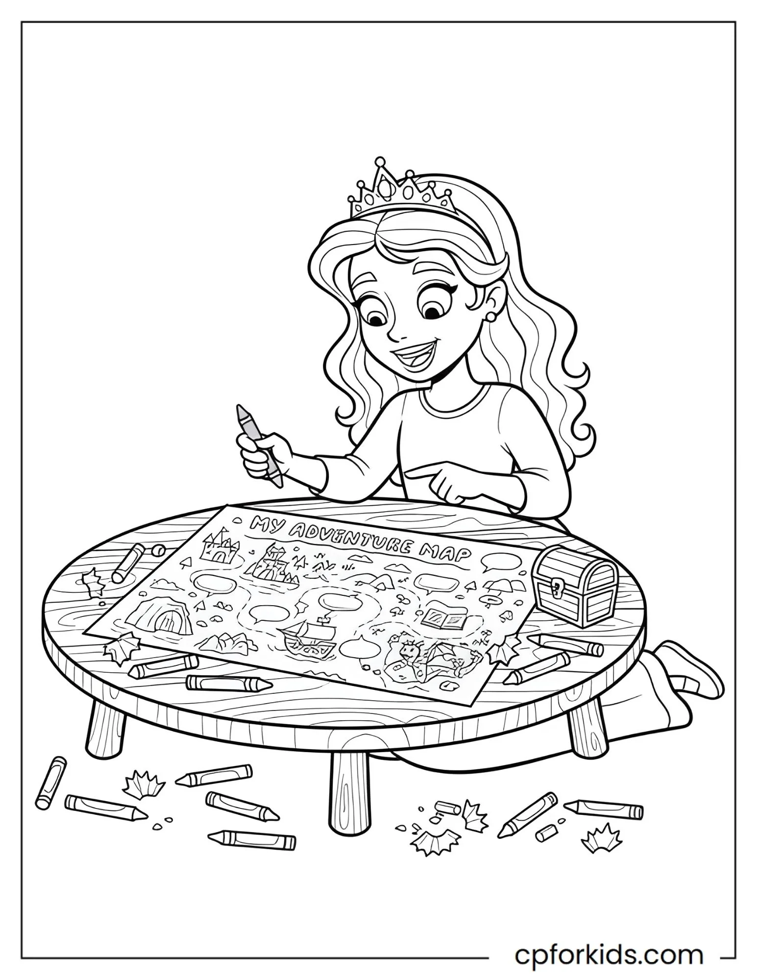 Princess drawing a story map with crayons
