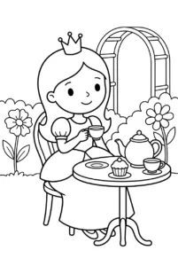 A princess enjoying tea at a small garden table