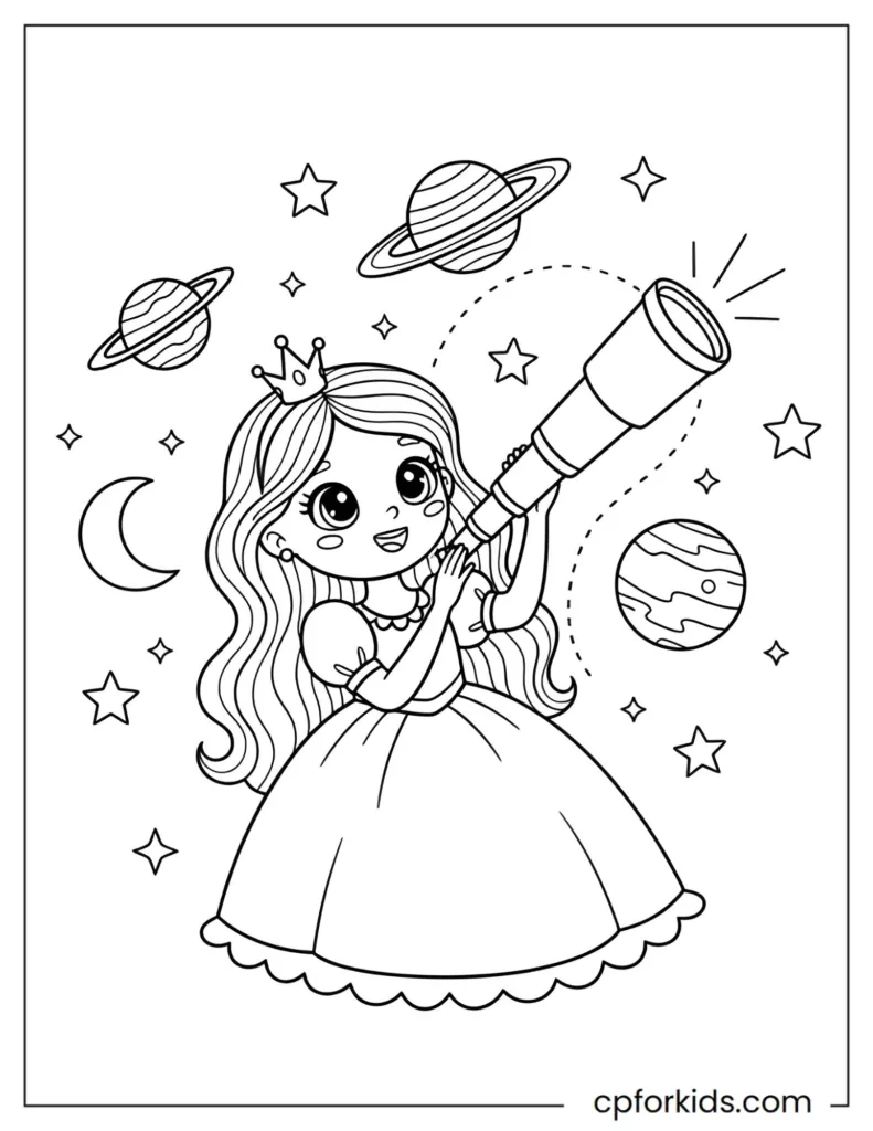 Printable coloring image of a princess using a telescope to observe planets and stars, promoting astronomy learning, curiosity, and fun educational play.