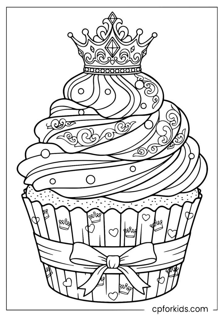 Princess cupcake with crown topper and elegant frosting swirls