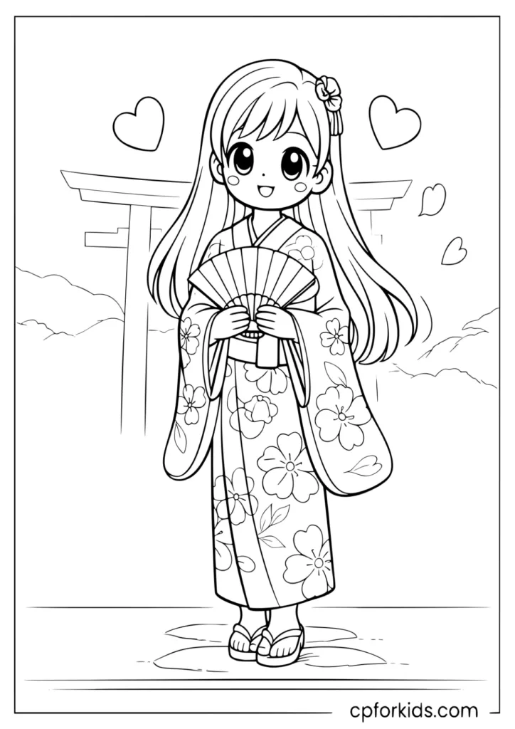 Princess wearing a floral kimono and holding a fan coloring sheet