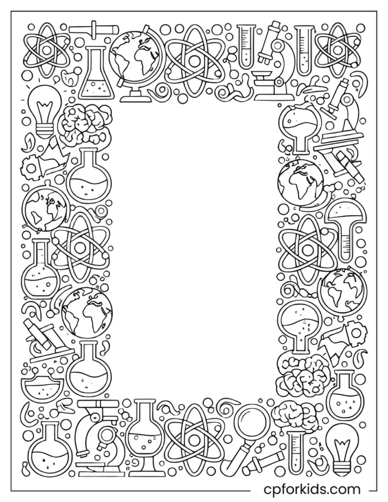 Printable science project cover page coloring design with science icons and blank title space.