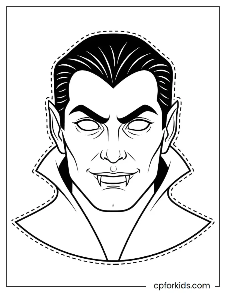 Printable coloring template for a vampire mask and high-collared cape.