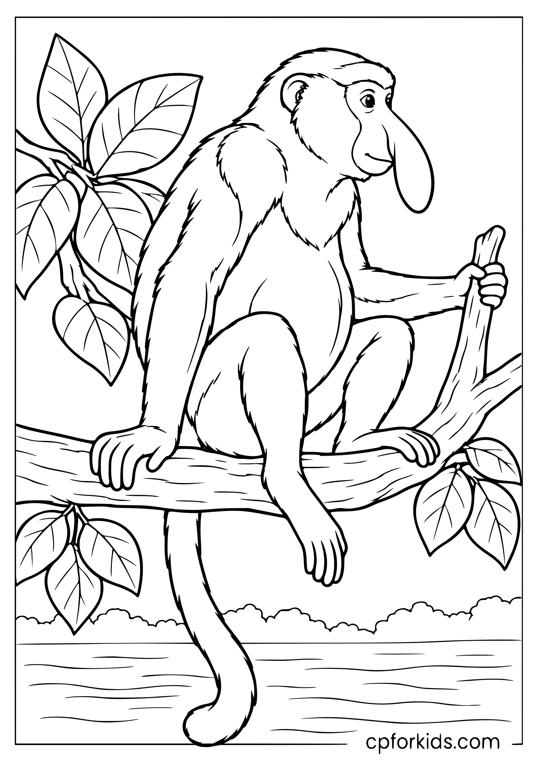 Proboscis monkey sitting sideways with long drooping nose