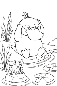 Confused Psyduck sitting beside a pond to color online