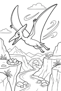 Pterodactyl flying over a prehistoric canyon online coloring page