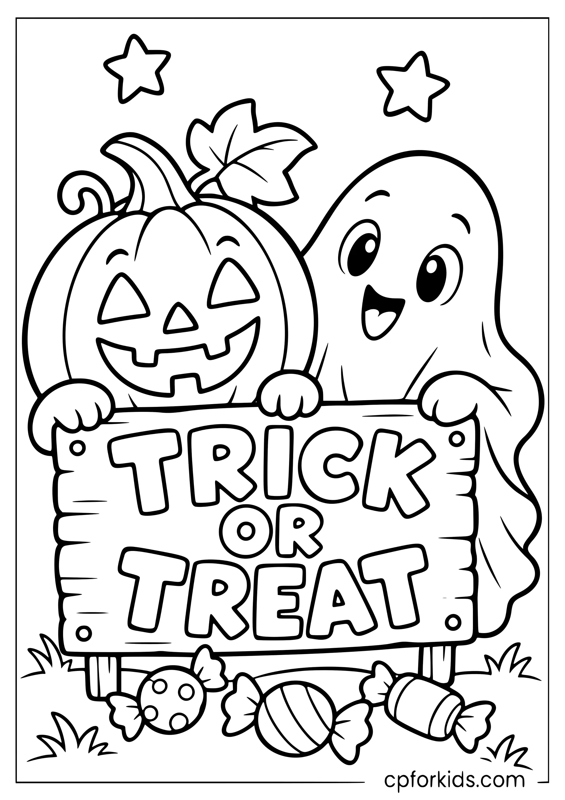 Pumpkin and ghost holding a welcome sign