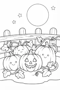 Halloween pumpkins in a patch beneath a full moon