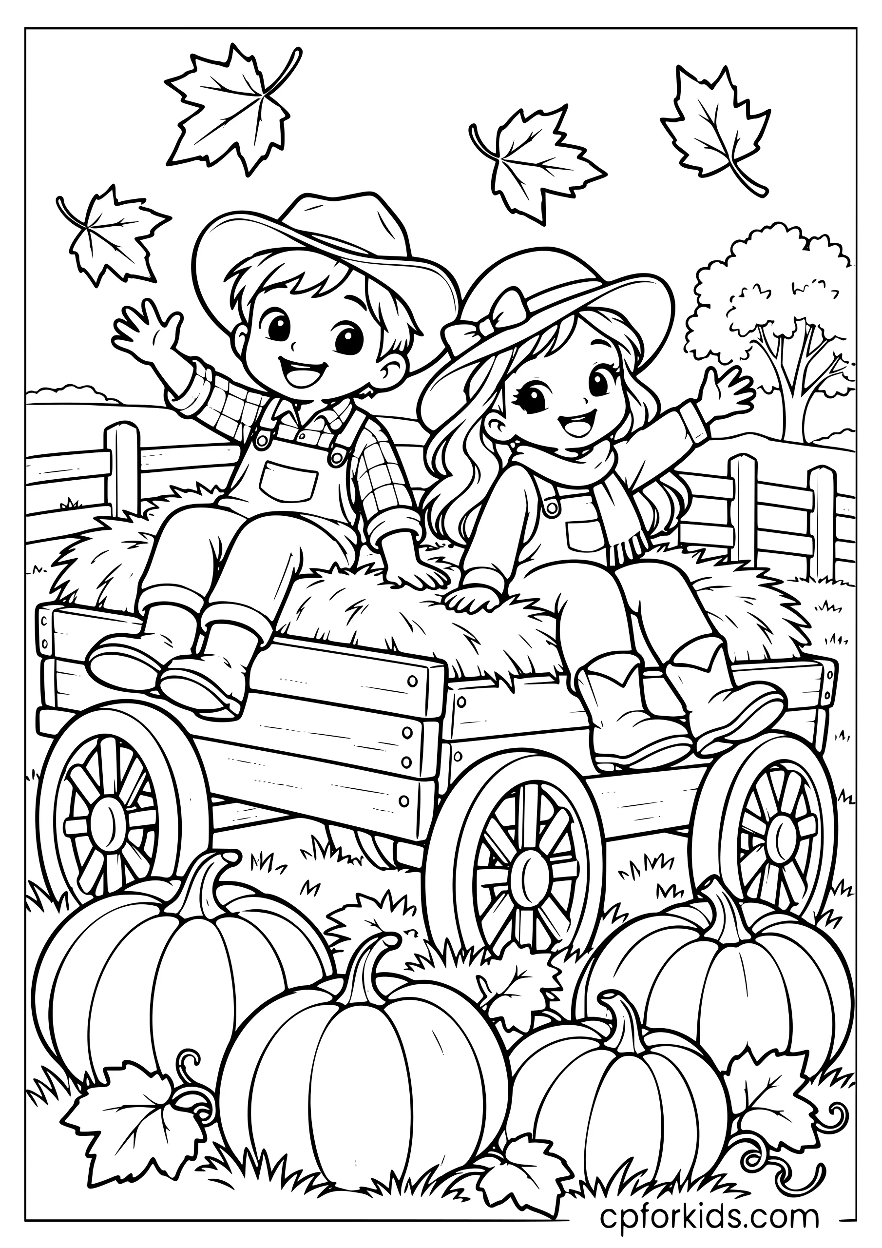 Children riding a hay wagon through a pumpkin patch
