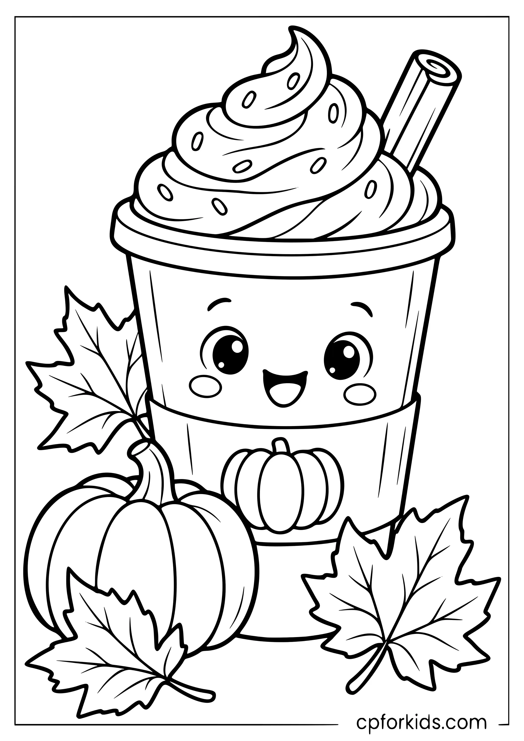 Cute pumpkin spice latte with whipped cream and leaves