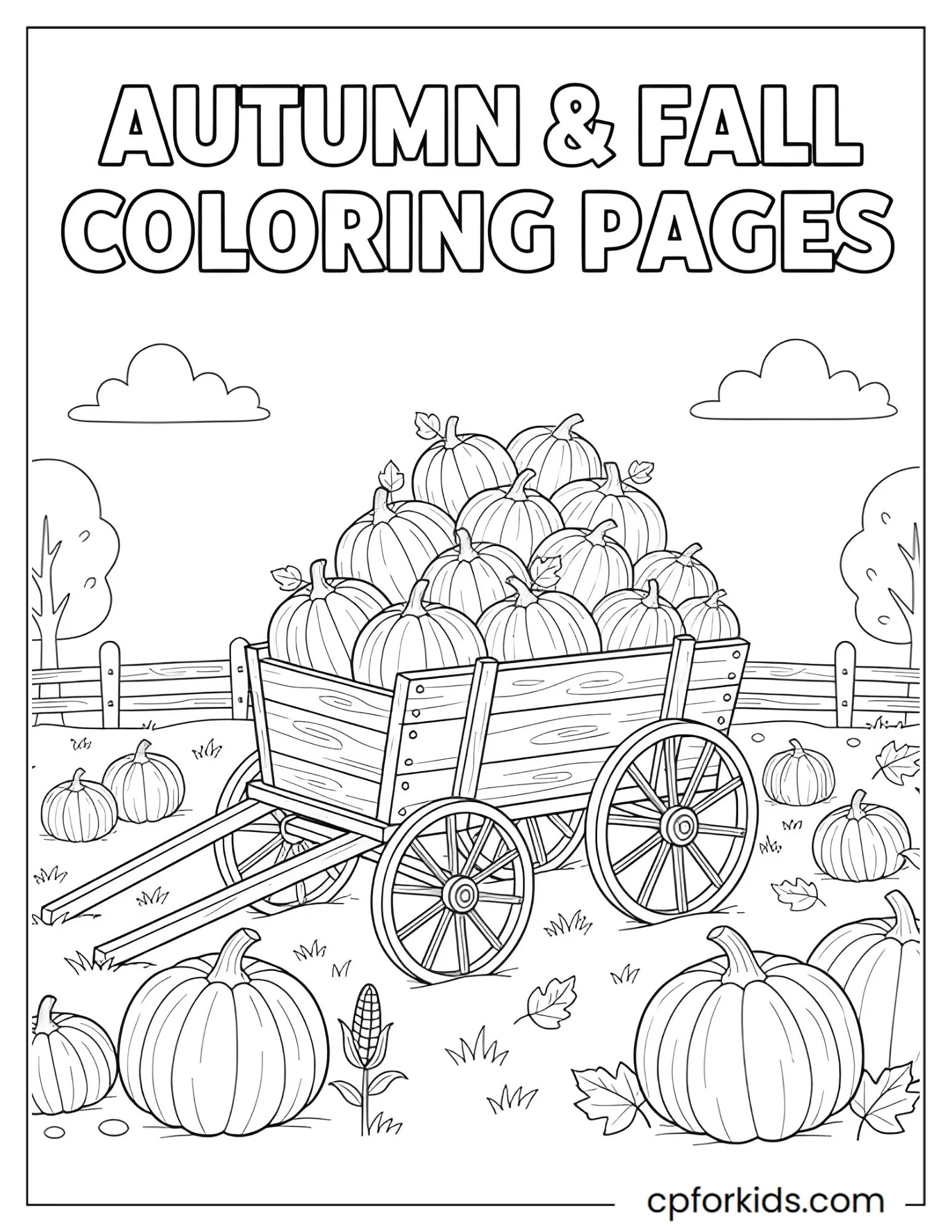 Large pumpkins piled onto a wooden wagon