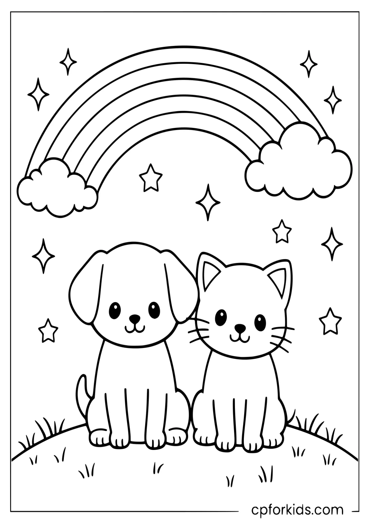 Puppy and kitten sitting together under a rainbow
