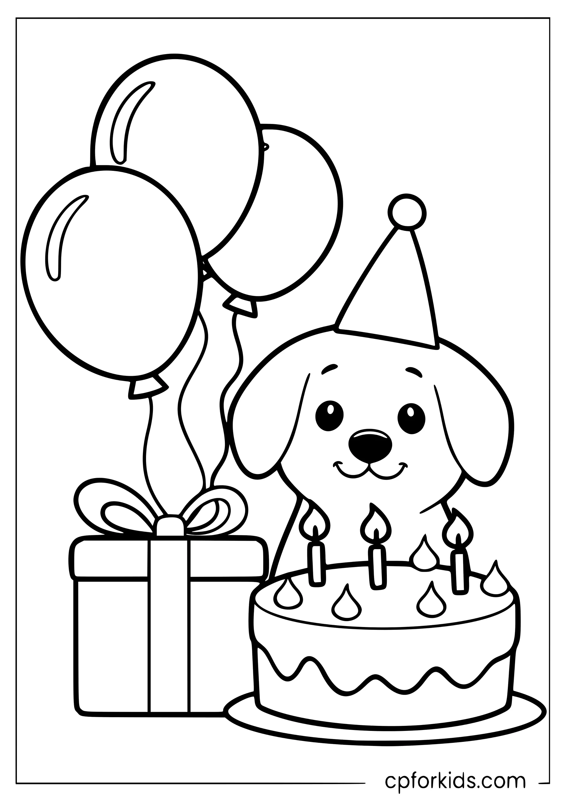 Puppy wearing a party hat beside a birthday cake