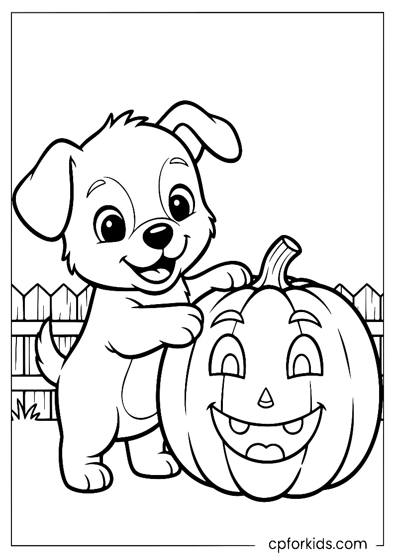 A puppy drawing a smiley face on a large pumpkin in a backyard