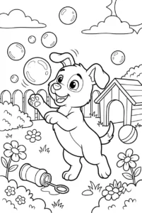 Cute puppy chasing bubbles in a backyard