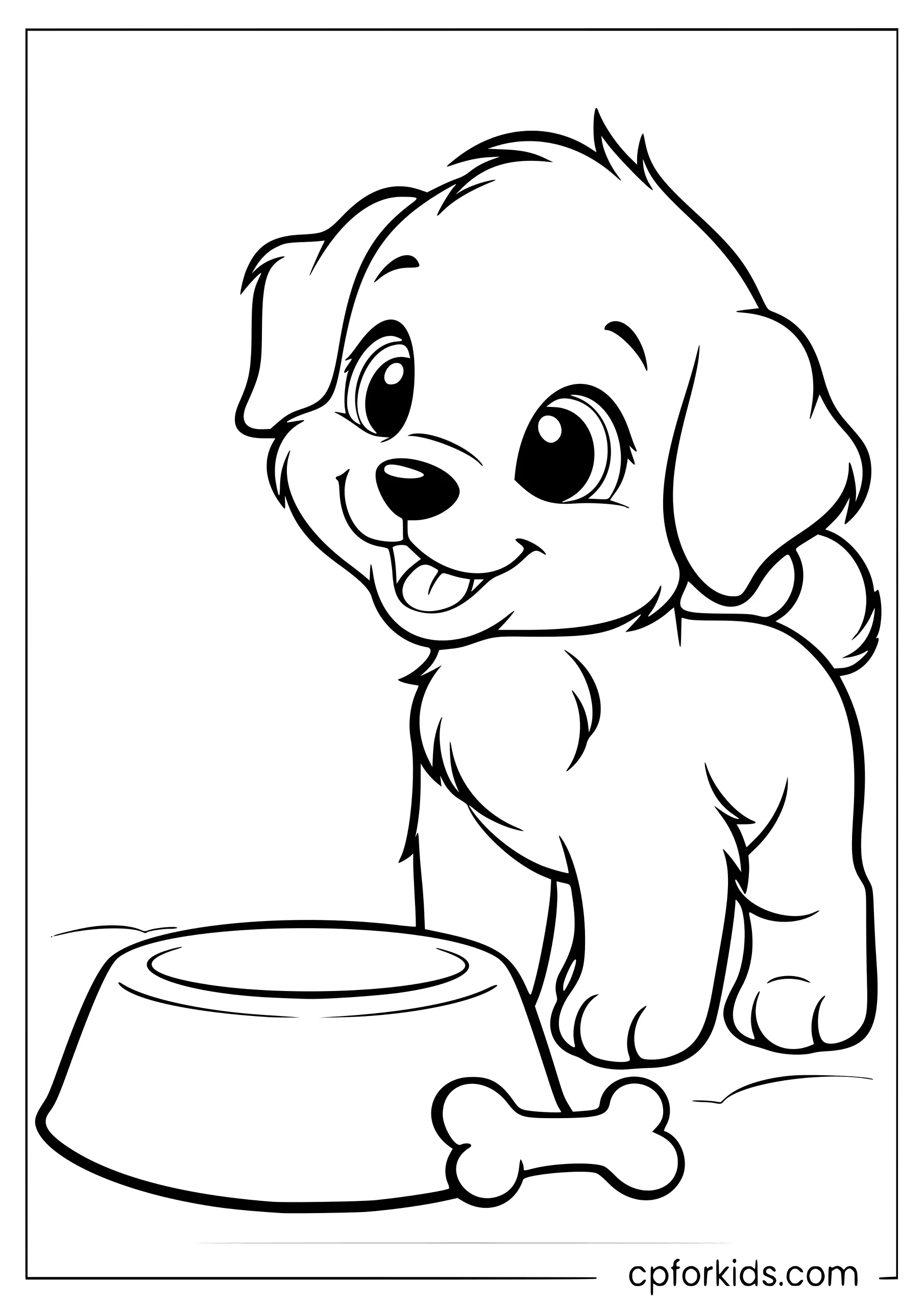 Puppy standing beside a food bowl and a large bone