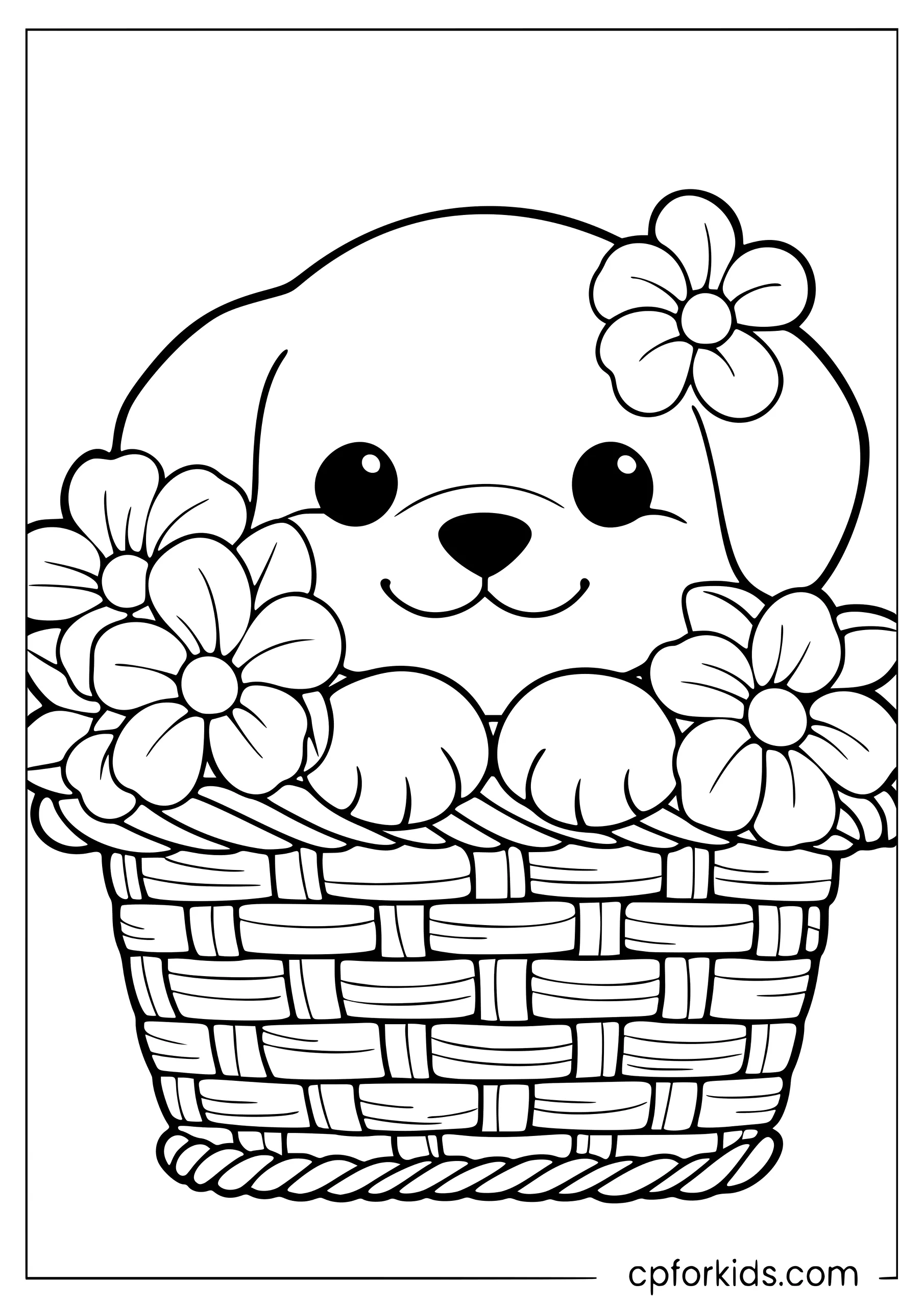 Puppy peeking out of a woven basket near two flowers