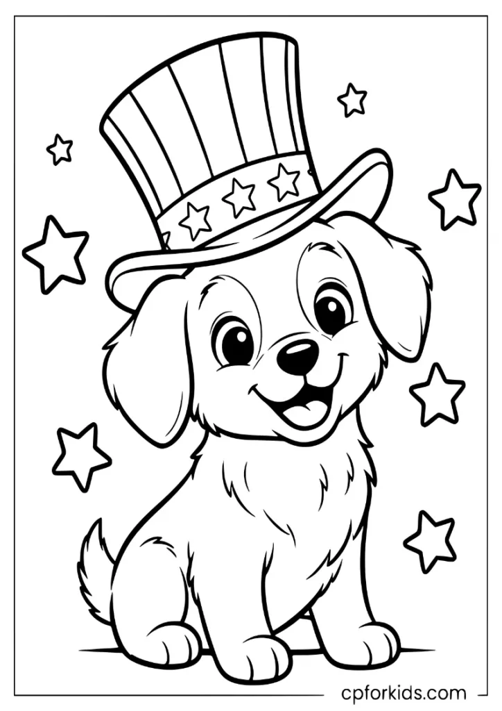 Puppy wearing an Independence Day hat surrounded by star-shaped confetti