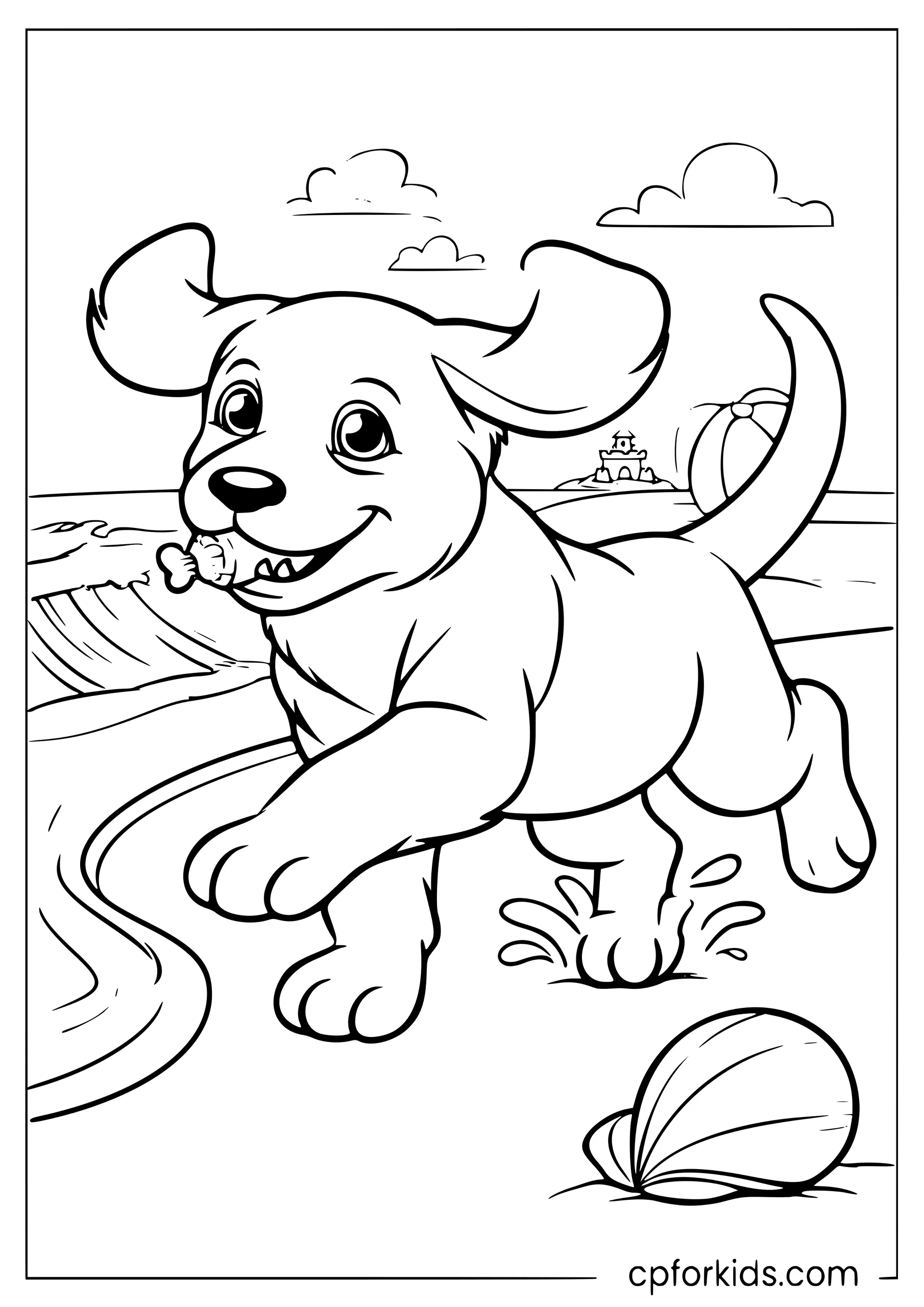 Puppy running along the beach carrying a toy