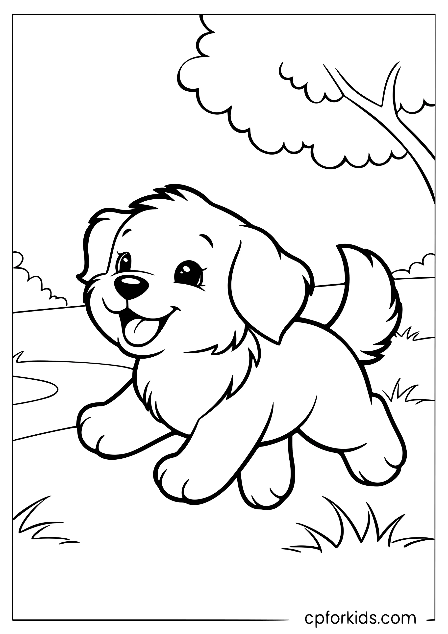 Puppy running across a grassy park path