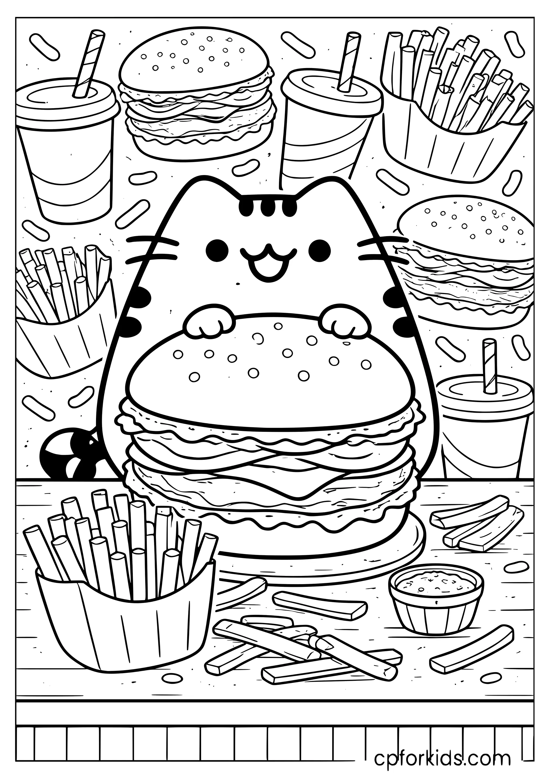 Pusheen with a Burger and Fries