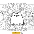 Three Pusheen coloring pages — dinosaur costume, classic kawaii portrait, and Pusheen in a giant popcorn bucket