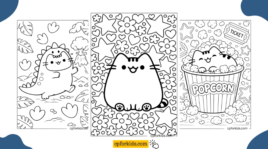 Three Pusheen coloring pages — dinosaur costume, classic kawaii portrait, and Pusheen in a giant popcorn bucket