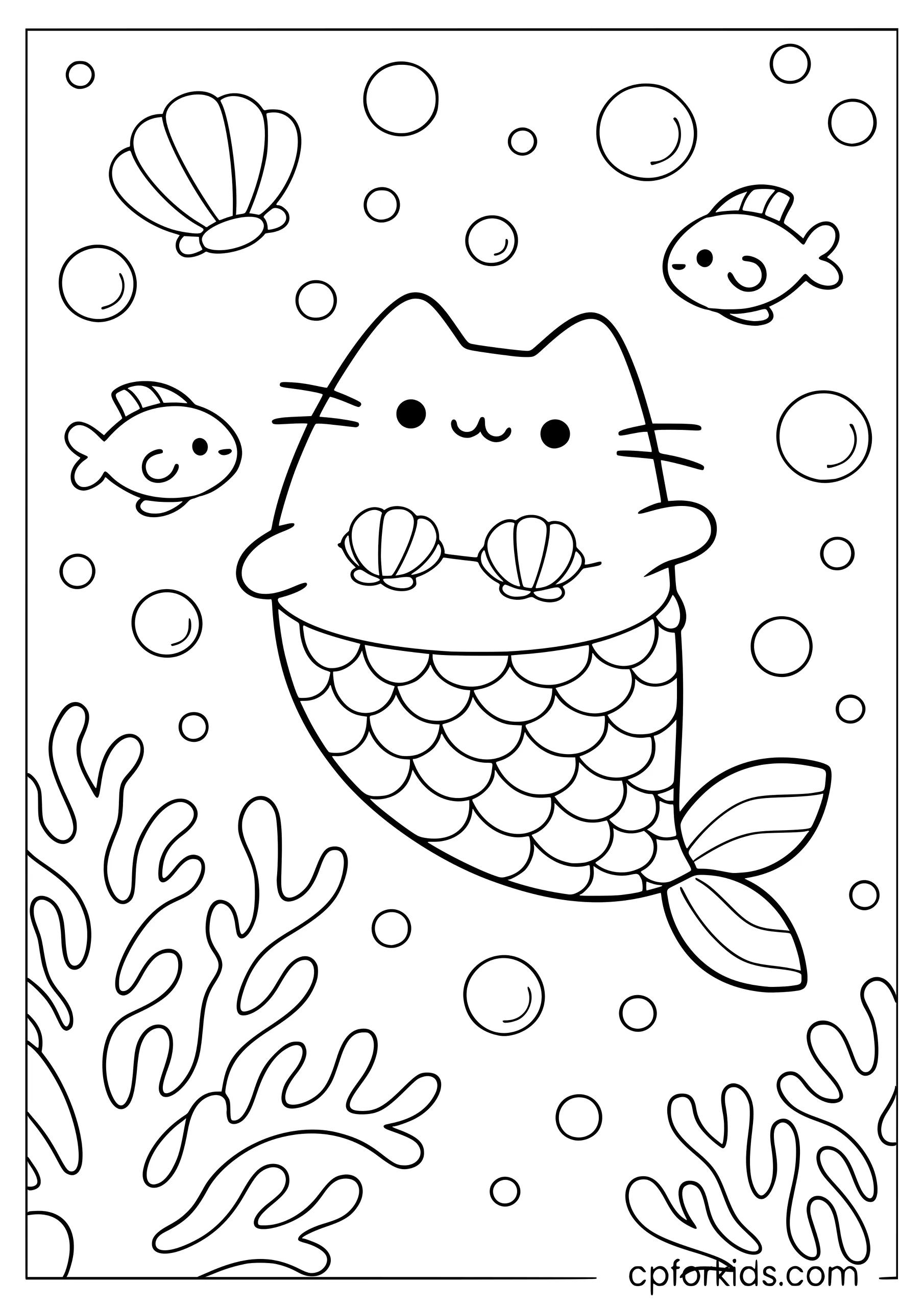 Mermaid Pusheen Swimming with Fish