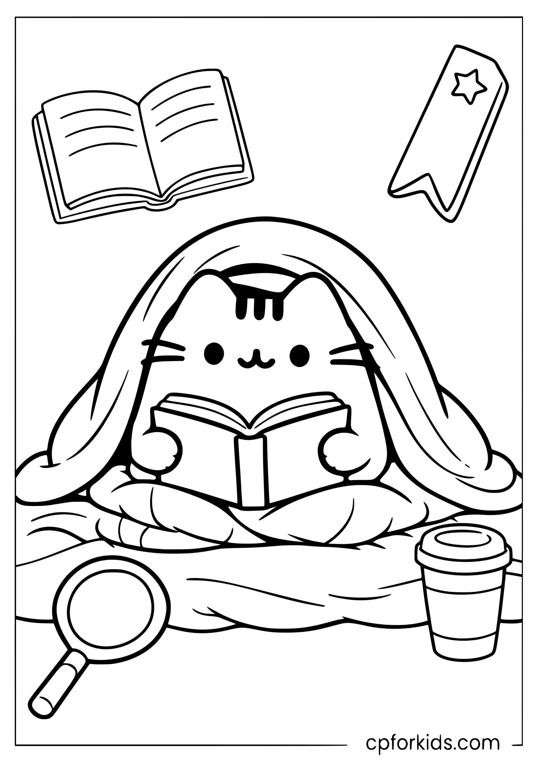 Pusheen Reading Under a Cozy Blanket
