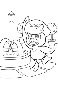 Quaxly dancing beside a courtyard fountain with potted plants
