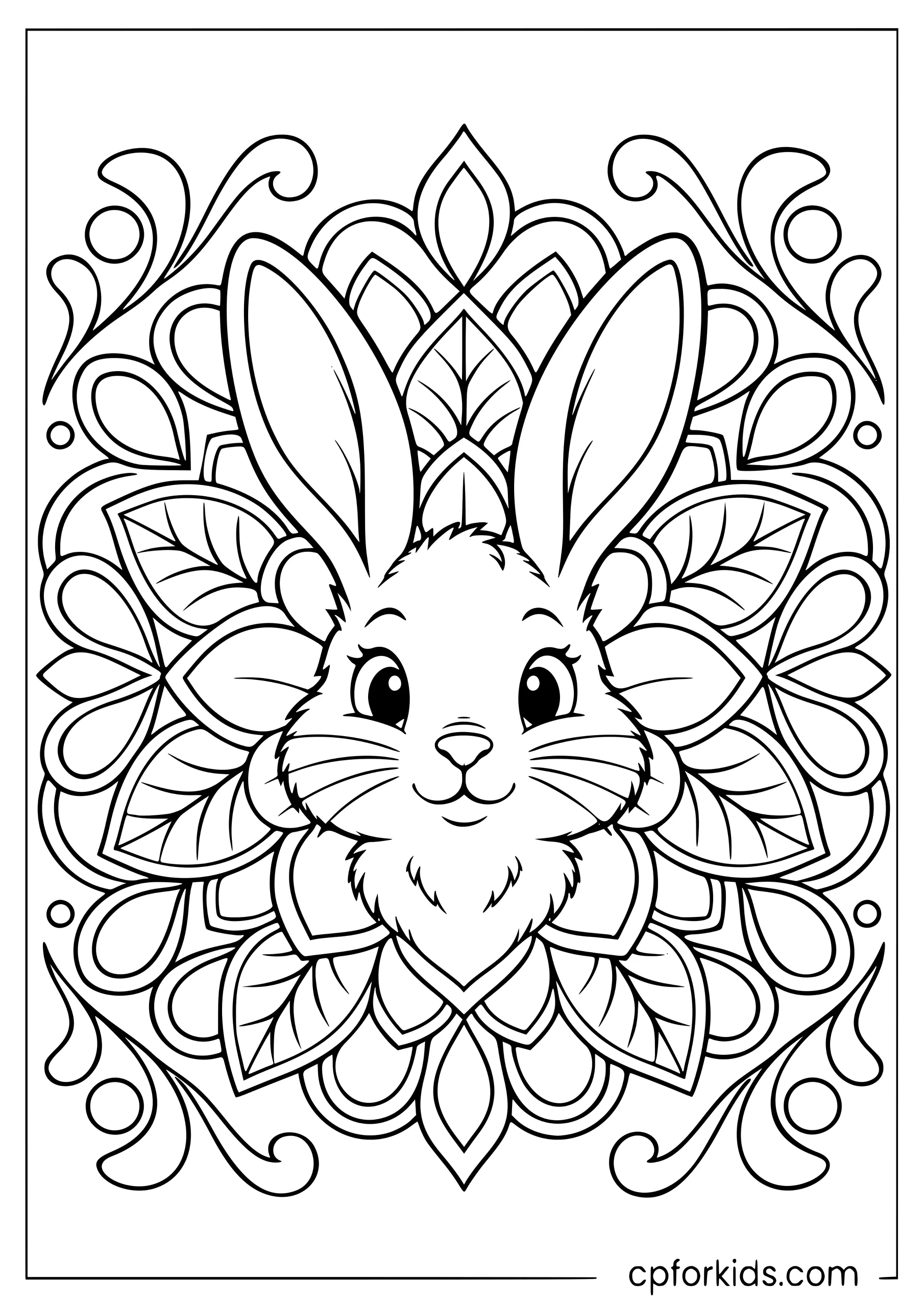 Centered rabbit face surrounded by broad mandala petals
