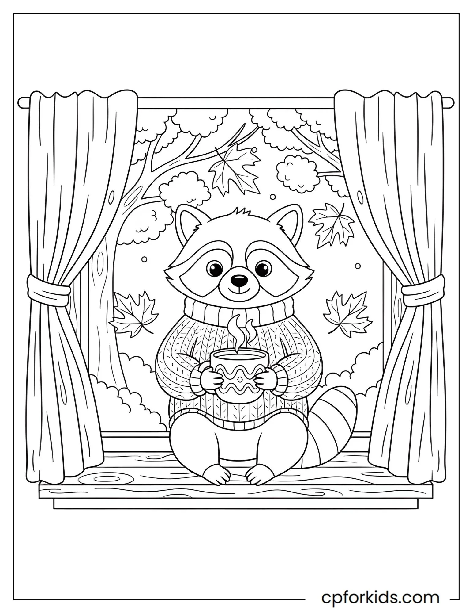 Raccoon holding a mug beside a window