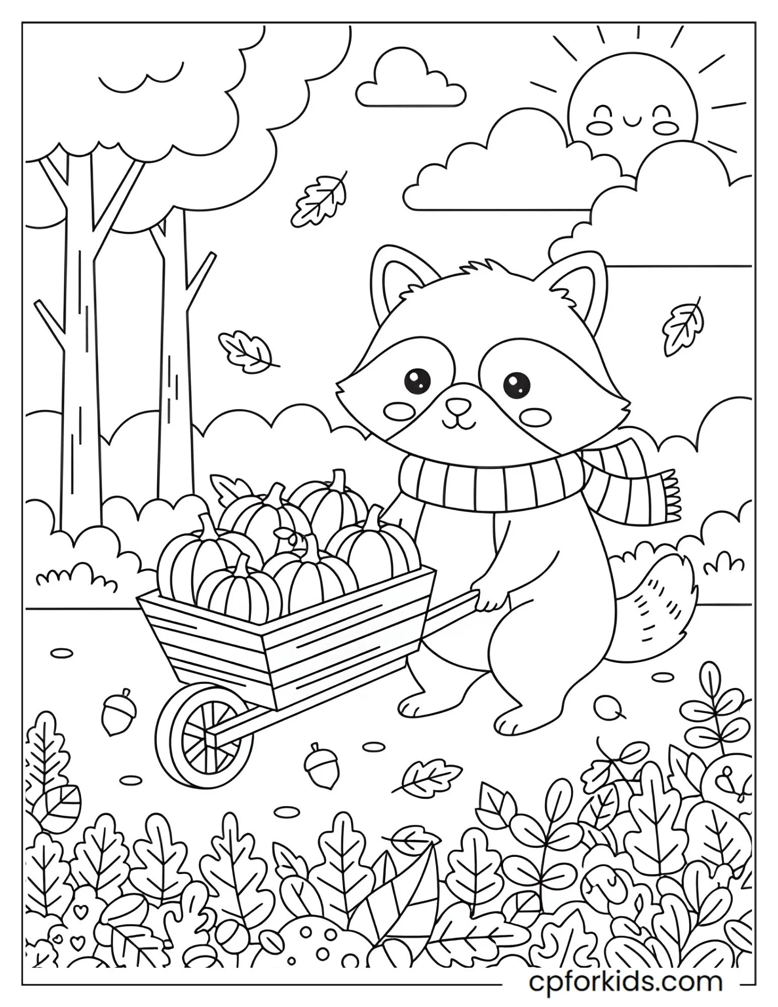 Raccoon pushing a wheelbarrow full of pumpkins