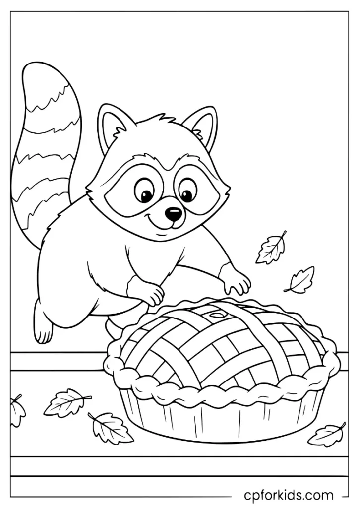 Raccoon stealing an apple pie from a window, November food coloring page.