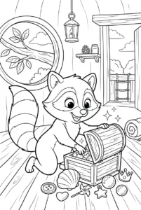 Cute raccoon discovering treasures inside a treehouse